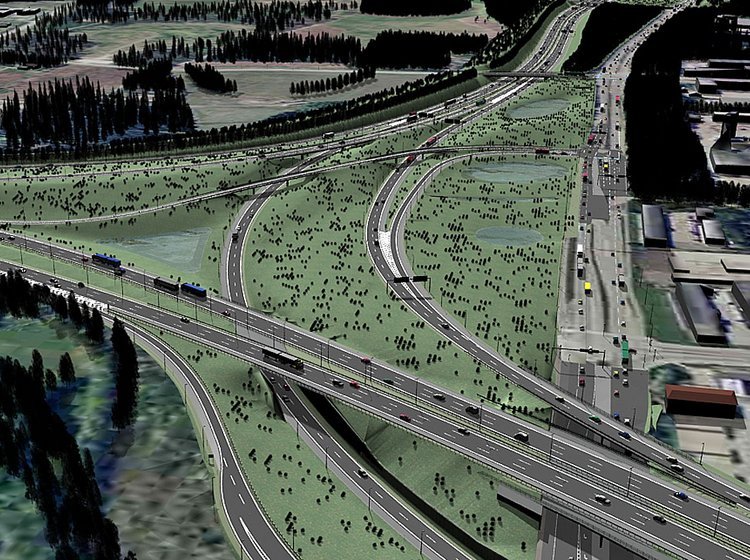 Frederikssundsmotorvejen strækker sig opad i billedet. I forgrunden forbindelsen med Motrorring 3.