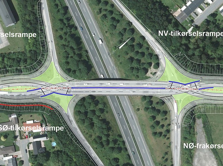 De to kørselsretninger bytter plads hen over motorvejen. Illustration: Vejdirektoratet