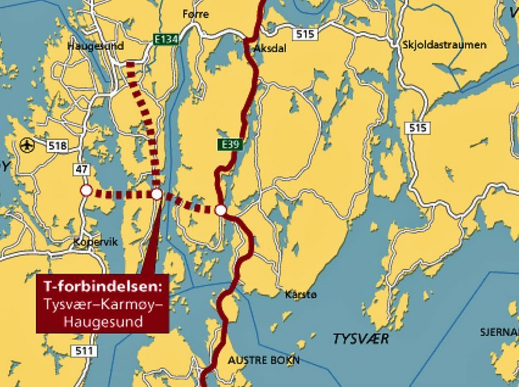 "T-forbindelsen syd for Haugesund består af tre veje, der mødes i en rundkørsel.