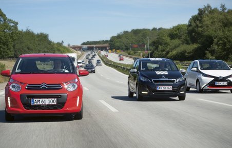 Citroën C1, Peugeot 108 og Toyota Aygo set forfra