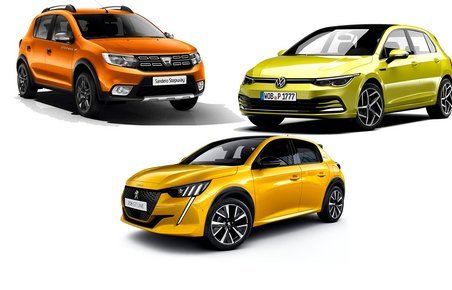 De tre mest solgte biler i Europa i 2021: Dacia Sandero, VW Golf og Peugeot 208.