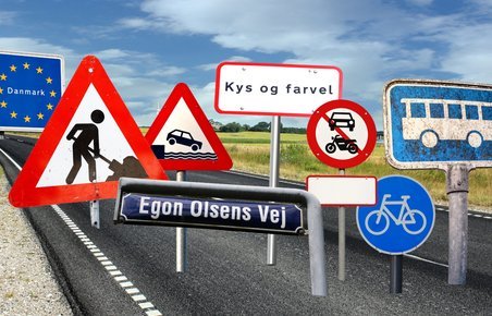 Collage med eksempler på vejskilte og gadeskilte