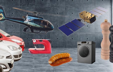 Collage med bil-showroom og diverse produkter