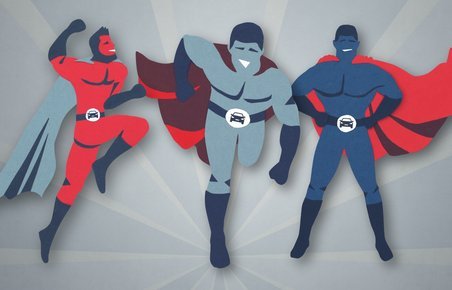 Illustration med tre kappeklædte superhelte