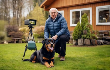 Mand sidder på græsplæne foran sit hus med en hund og et overvågningskamera.