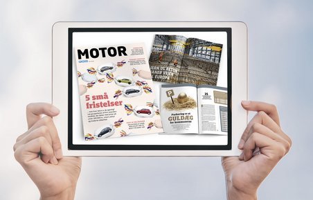 Hænder holder iPad op med artikler for Motor 6/2024