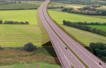Computerbillede af kommende motorvej gennem landskab.