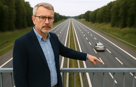 Trafikforsker står på en motorvejsbro og peger på midtersporet.