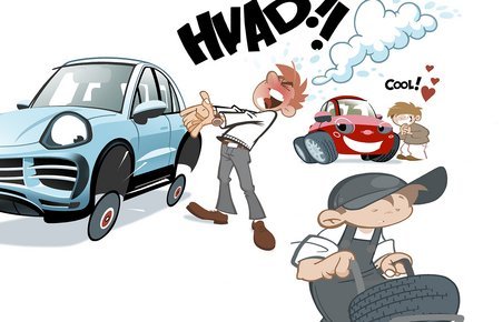 Illustration af vred mand ved bil med for små hjul