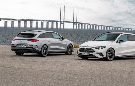 Mercedes CLA Shooting Brake forfra og bagfra Med Øresundsbroen i baggrunden.