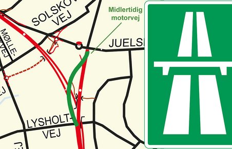 Den grønne strækning er den 800 meter lange midlertidige motorvej. Den røde vej skråt mod venstre er den nye Midtjyske Motorvej.