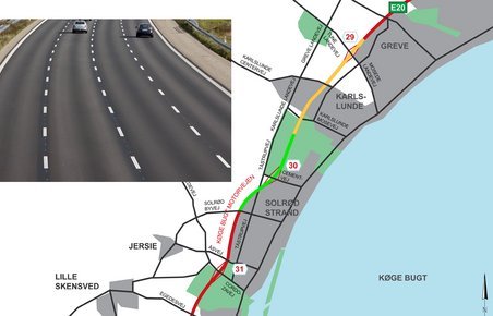 På den grønne strækning bliver Køge Bugt Motorvejen nu ottesporet. Den gule del blev det. Illu.: Vejdirektoratet/Torben Arent