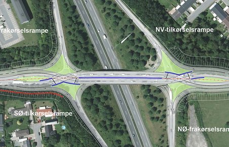 De to kørselsretninger bytter plads hen over motorvejen. Illustration: Vejdirektoratet