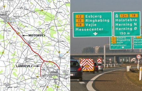 Vejdirektoratets hovedforslag til en 30 km lang motorvej mellem Herning og Holstebro. Pris: 2,3 mia. kr.