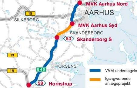 E45 skal udvides på hele denne strækning, foreslår regeringen. Kort: Vejdirektoratet