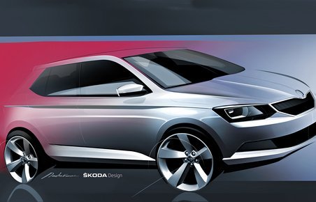 Designskitse af den ny Skoda Fabia. De nye proportioner fremgår tydeligt.